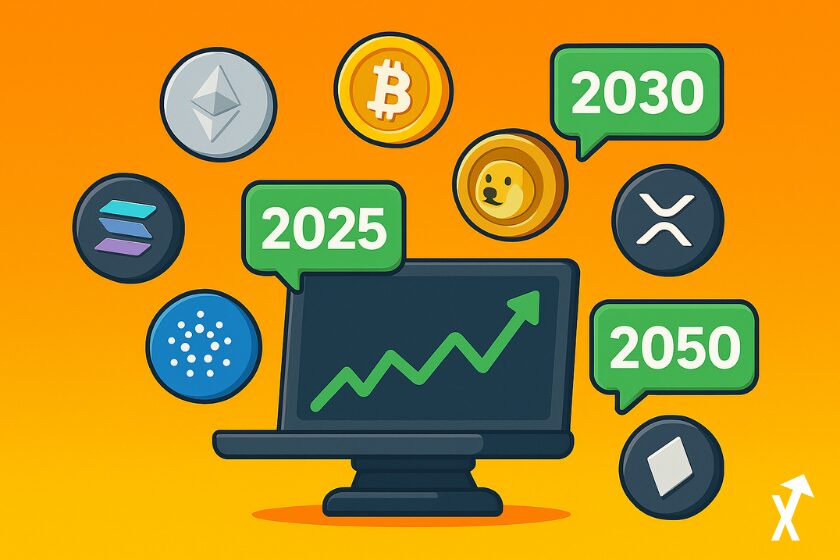 Une image avec un graphique de prix vert sur un ordinateur, entouré de tokens cryptos BTC, ETH, SOL, XRP et DOGE et de dates 2025, 2030 et 2050 pour représenter les prédictions de prix crypto