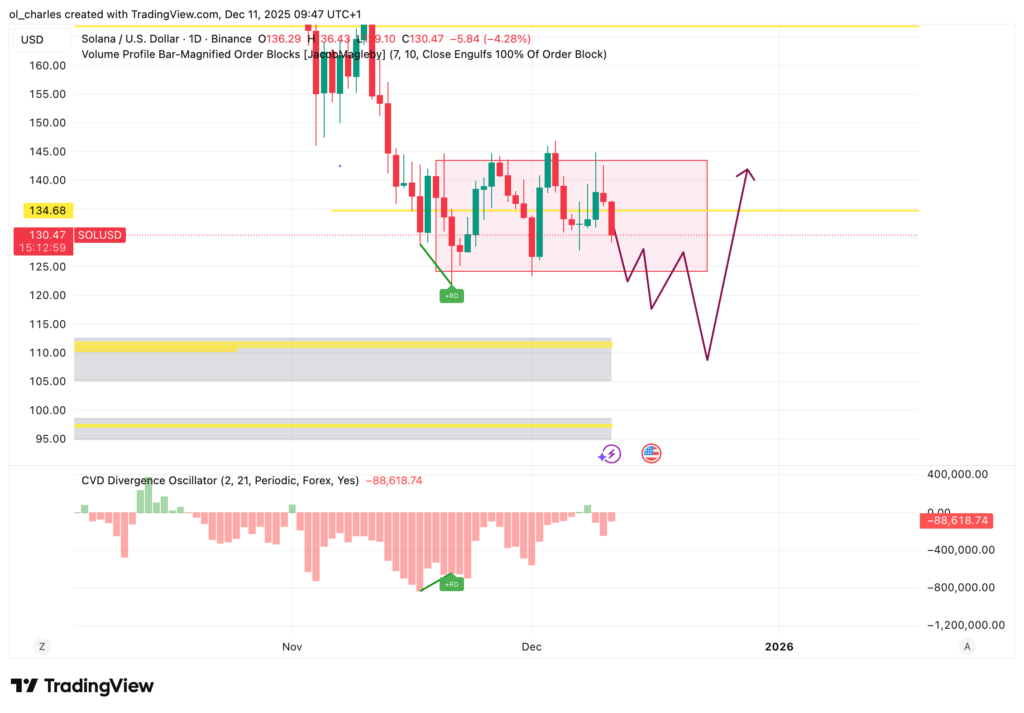 cours du Solana en 1 jour avec CVD, Order Blocks, range en rose