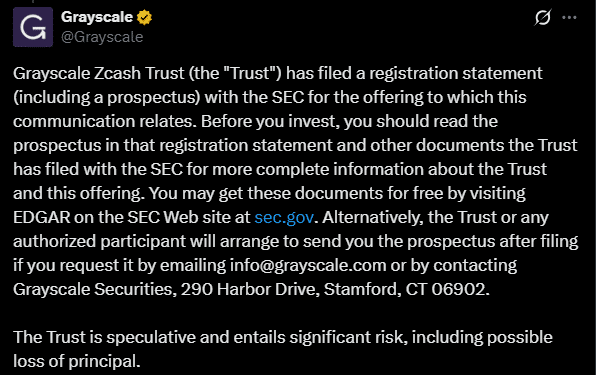 tweet de grayscale sobre el etf de zcash