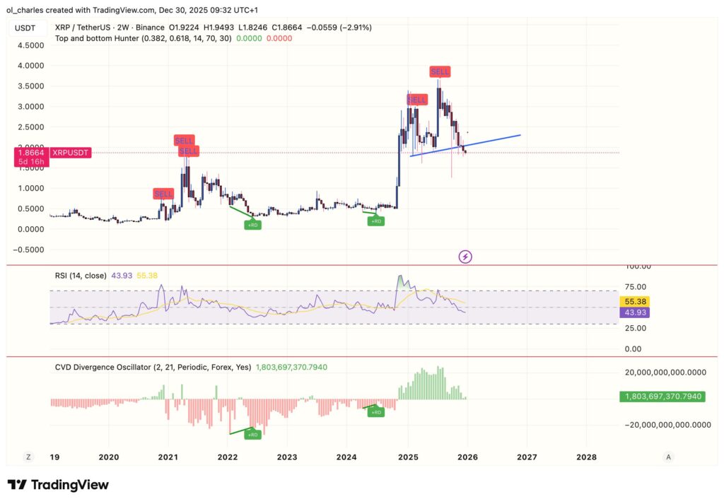 cours du XRP en 2 semaines avec CVD et RSI 