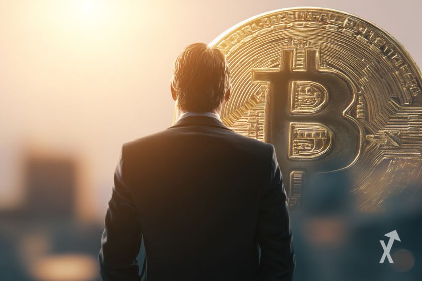 Un homme en costume noir vu de dos, regardant une pièce de Bitcoin géante