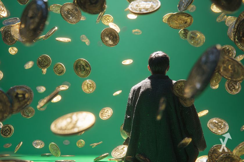 Un homme vu de dos sur un fond vert avec des pièces de Bitcoin en plein vol