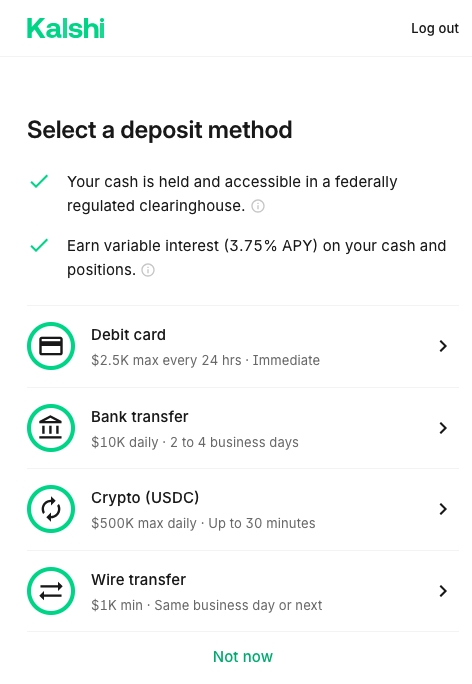 Écran de Kalshi présentant les méthodes de dépôt disponibles, incluant carte bancaire, virement bancaire, dépôt crypto en USDC et virement international, avec informations sur les limites et délais de traitement.