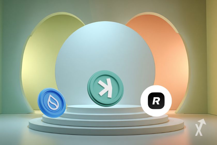 Trois altcoins posés sur un podium moderne avec des couleurs douces