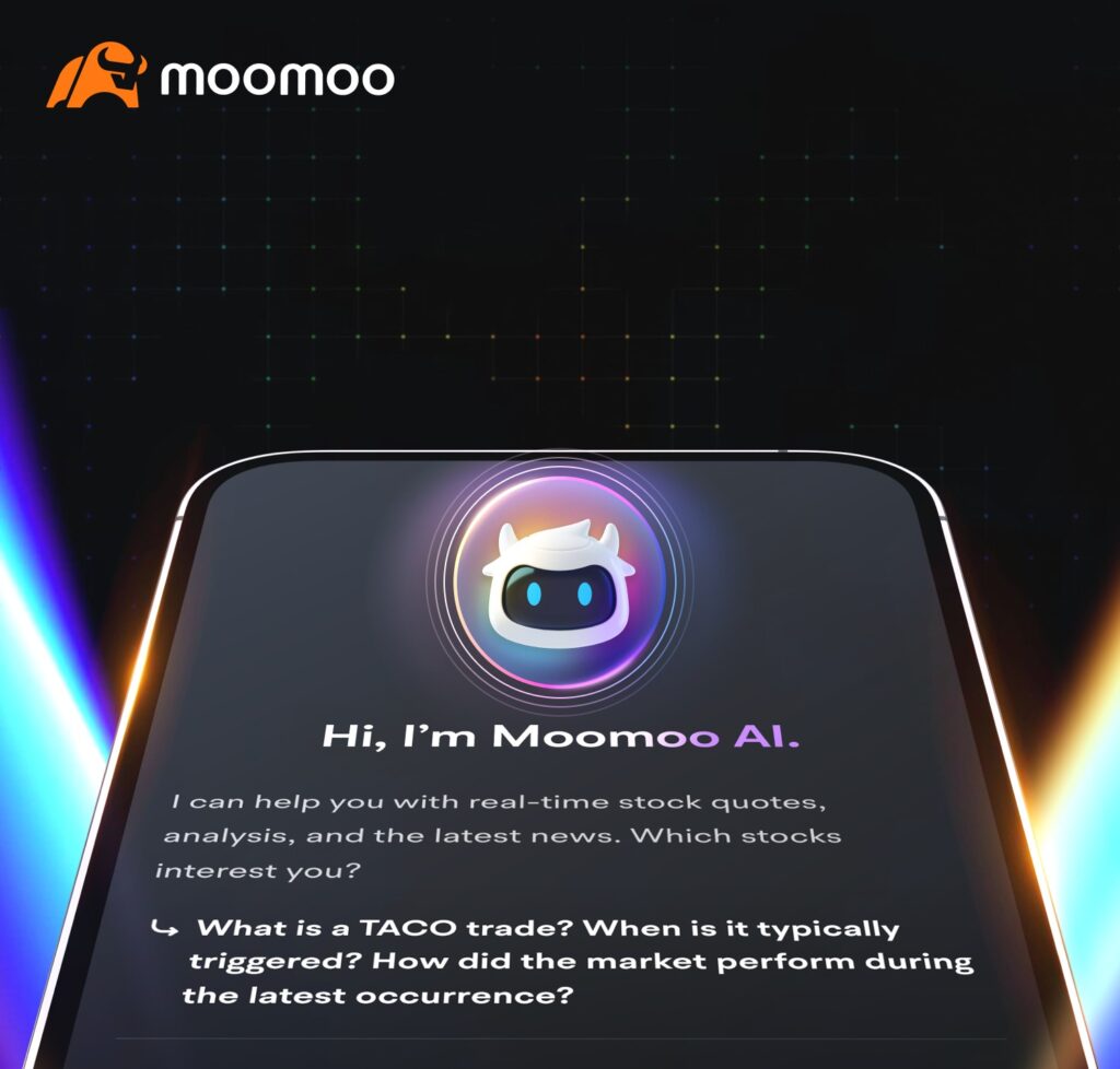 Une image promotionnelle de l'IA sur Moomoo avec un smartphone