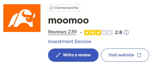 Une capture d'écran de la note et des avis de Moomoo sur Trustpilot