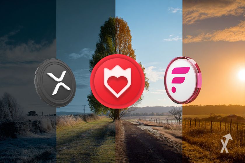 Une image de fond représentant les 4 saisons avec des tokens des altcoins XRP, SUBBD et Flare