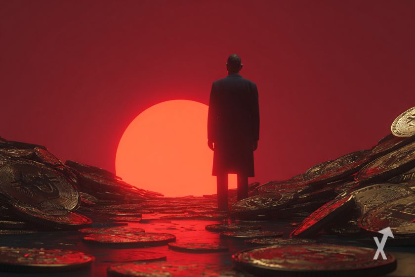 Un homme avec un manteau noir entouré des pièces de Bitcoin devant un ciel rouge