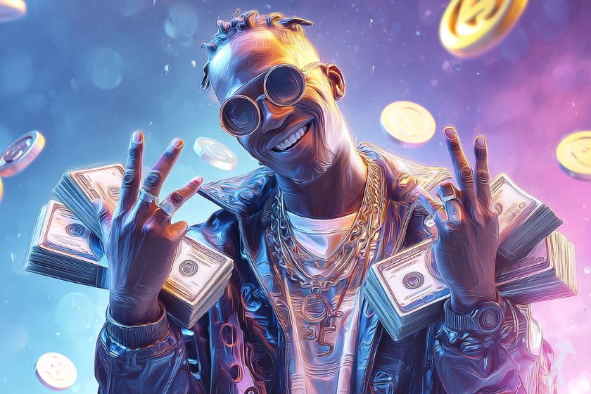 trader stylé souriant avec des billets de dollars et montrant le signe "5" avec les doigts