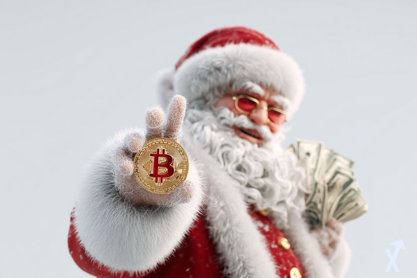 père noël stylé avec un bitcoin dans une main et des billets de dollars dans l'autre