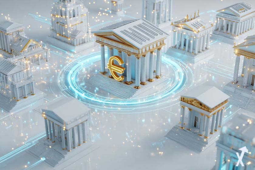 sigle euro au milieu de plusieurs bâtiments blanc dans un univers futuriste pour parler du stablecoin euro