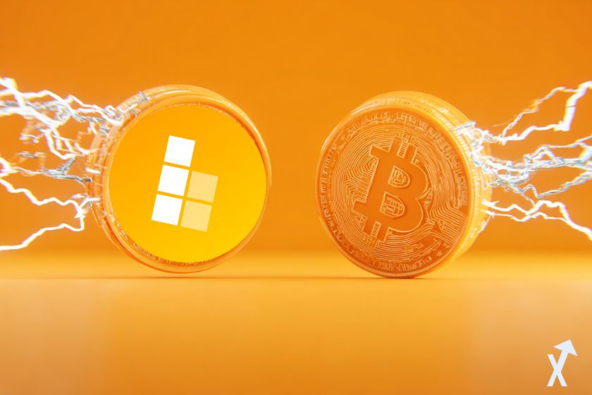 coin 3D bob et bitcoin en duel sur fond orange avec le l'électricité autour