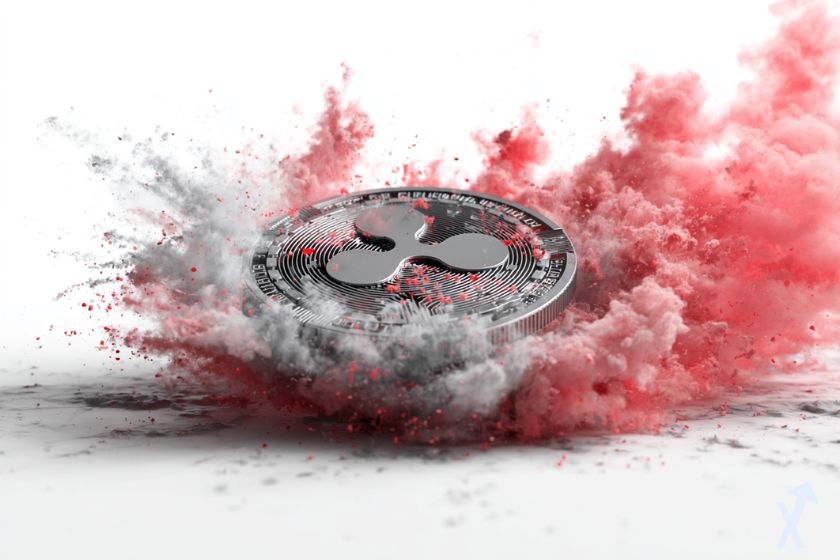 coin 3D xrp gris dans une explosion de fumée rouge sur fond blanc