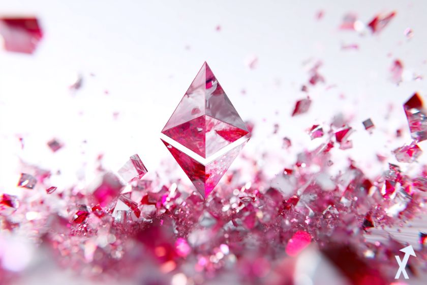 logo ethereum rose brillant dans une explosion de diamants roses sur fond blanc