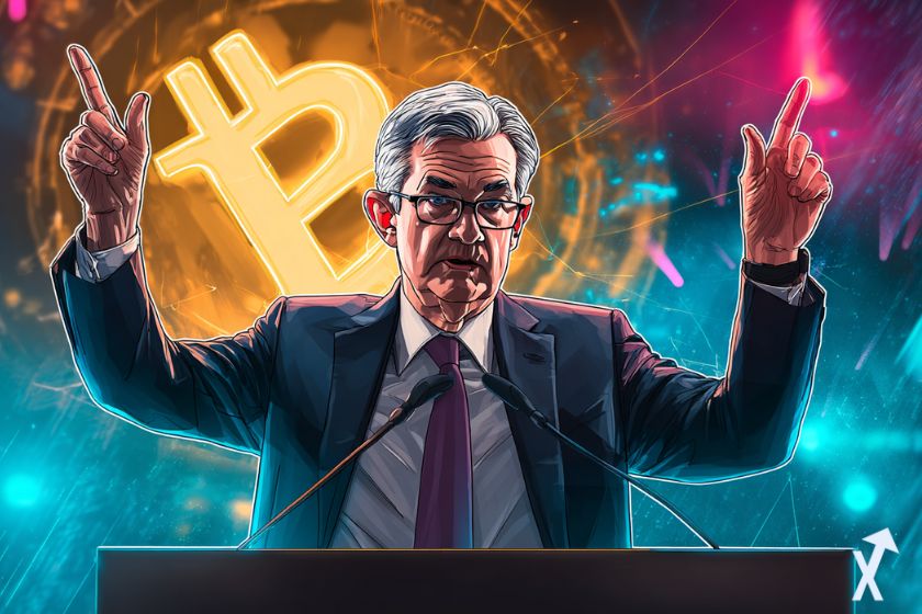 jerome powell dans une conférence cryptos les mains en l'air