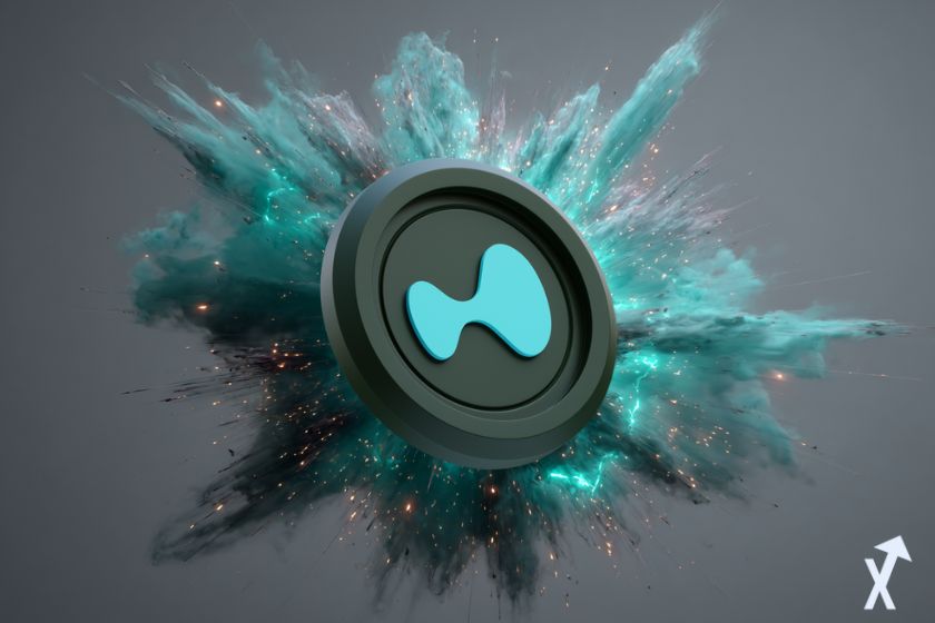 logo hyperliquid hype dans une explosion colorée turquoise et grise