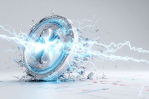 coin 3D xrp gris et bleu dans une explosion lumineuse avec de l'électricité blanche