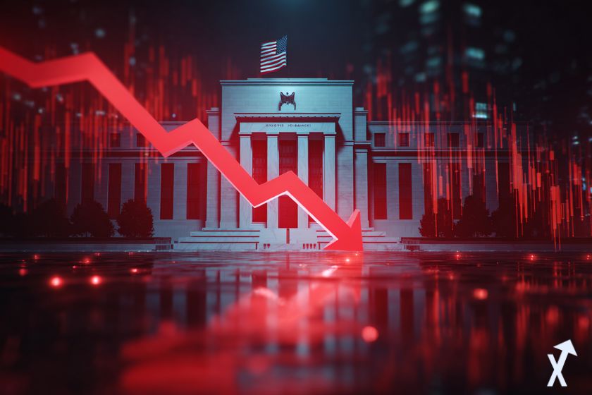 bâtiment americain de la Fed avec un drapeau américain et une flèche rouge vers le bas