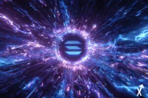 logo solana bleu et noir dans un explosion lumineuse et de néons bleu et violet