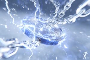 coin 3D crypto avec de l'électricité blanche autour et des chaines