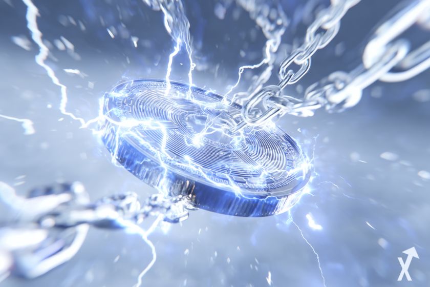 coin 3D crypto avec de l'électricité blanche autour et des chaines