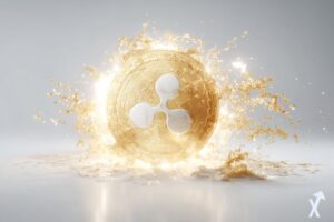 coin 3D xrp doré brillant au milieu de paillettes dorées