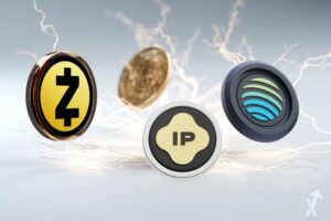 plusieurs cryptomonnaies sur fond blanc avec de l'électricité autour