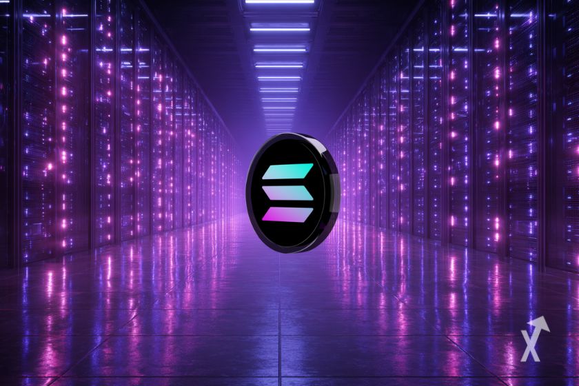 Un token noir avec le logo Solana au milieu d'un data center éclairé en violet