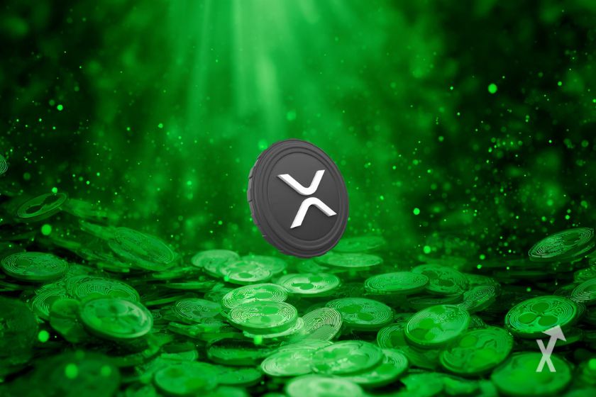Le token gris de XRP sur un fond vert avec des pièces contenant le logo Ripple