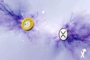 doge et xrp coins sur fond violet blanc lueur