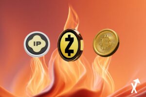 zcash bitcoin ip story coins sur fond flamme et orange