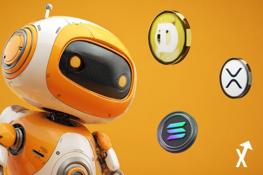 xrp solana dogecoin sur fond orange et robot à gauche representant ia