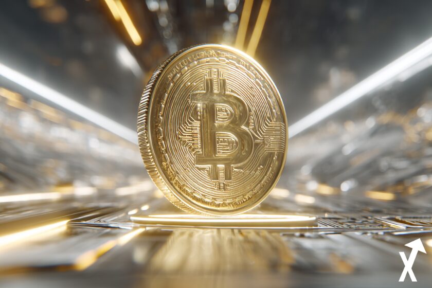 bitcoin doré sur fond blockchain vive argent et doré