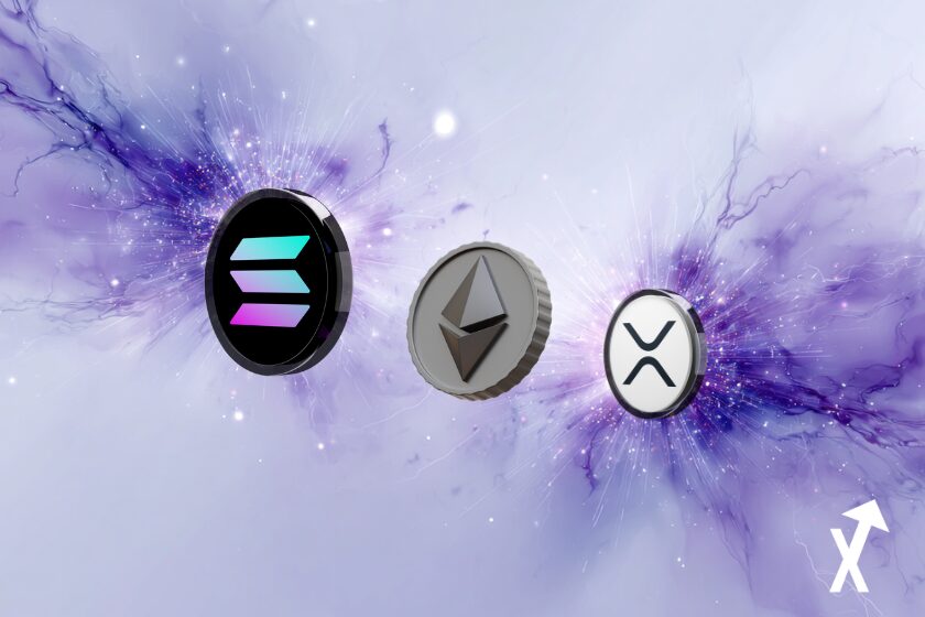 xrp solana ethereum coin sur fond violet crypto