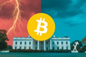 maison blanche avec un ciel moitié rouge et moitié bleu et un logo coin Bitcoin jaune devant en grand