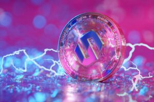 coin solana en rose sur un fond rose et violet avec électricité bleue