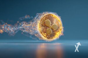 coin xrp en jaune suivit de lumière jaunes sur un fond bleu