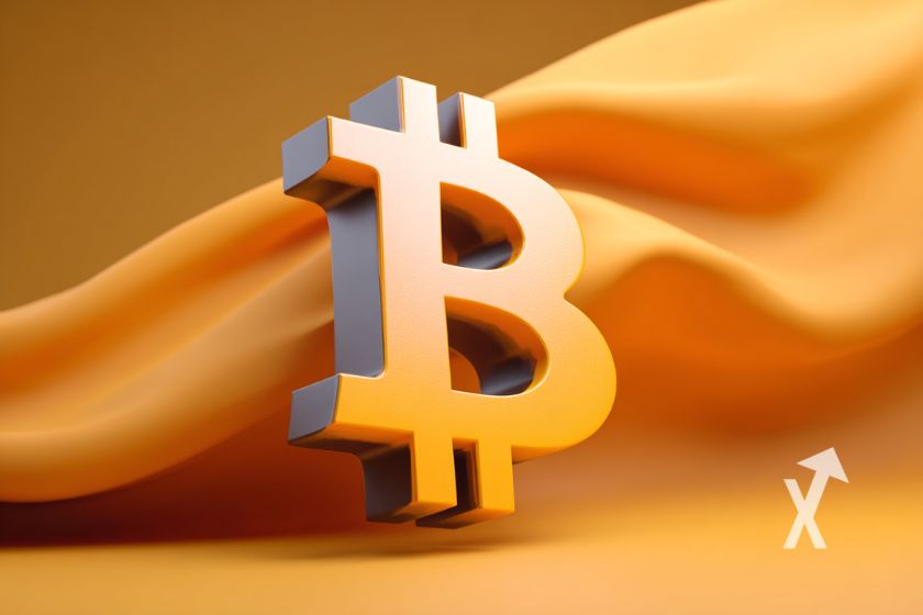 Bitcoin logo en jaune orange sur un fond prange avec un drap orange ondulé
