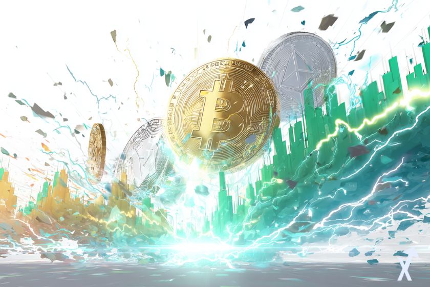 crypto bitcoin et ethereum dans une explosion lumineuse, un graphique avec des bougies vertes explosives sur fond blanc