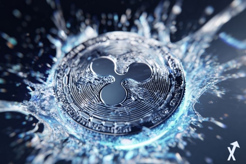 coin 3D xrp gris brillant en train de tomber dans l'eau, éclaboussures