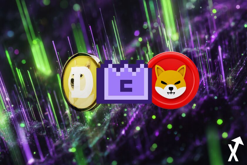 memecore shiba et dogecoin sur fond univers crypto violet vert