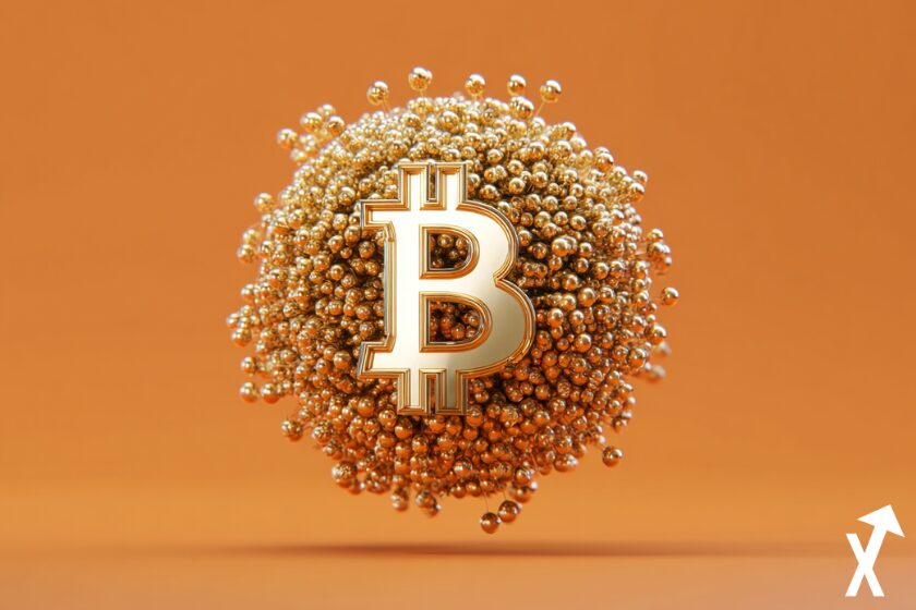 bitcoin coin doré sur fond orange et multiples jetons autour