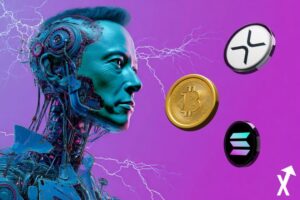 Illustration représentant une intelligence artificielle musk analysant Bitcoin, XRP et Solana dans un contexte haussier