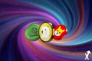 shiba pepe doge sur fond spirale univers crypto bitcoin