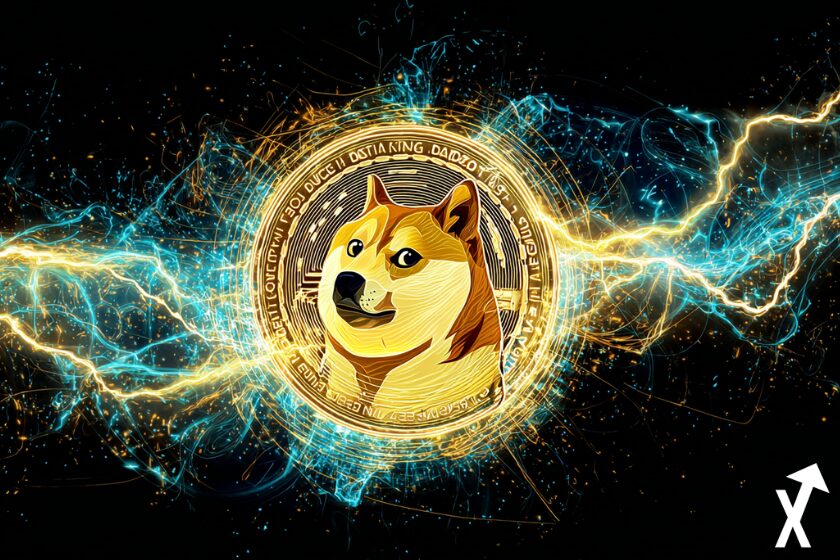 Dogecoin lumineux avec énergie électrique, éclairs néon, pièce dorée brillante, étincelles bleues et jaunes, style crypto futuriste, fond sombre clean