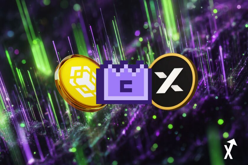 memecore bnb coin et monero coin sur fond blockchain violette et jaune