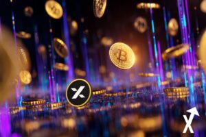 crypto tombant du ciel, myx finance bitcoin sur fond blockchain violet noire