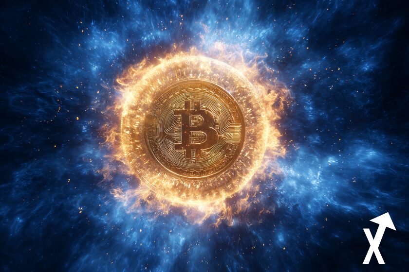 bitcoin doré sur fond bleu violet en feu