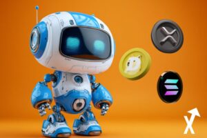 Robot futuriste bleu et blanc, design épuré lumineux, avec coin xrp doge et solana
