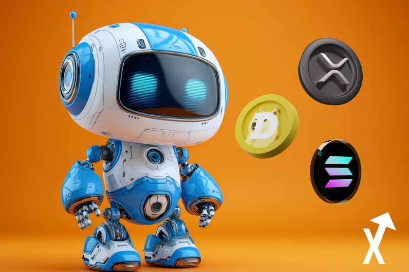 Robot futuriste bleu et blanc, design épuré lumineux, avec coin xrp doge et solana